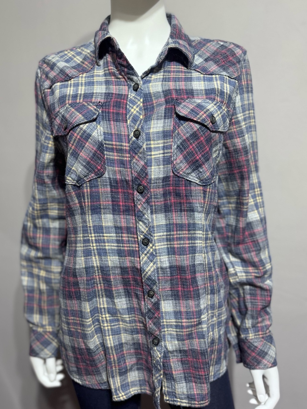 Large North River Plaid Button-Up Shirt in Navy, Magenta, Yellow & Gray
